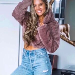 Balance Athletica Women’s S Cropped Sherpa Fleece Hoodie Dusty Mauve Cozy Lounge
